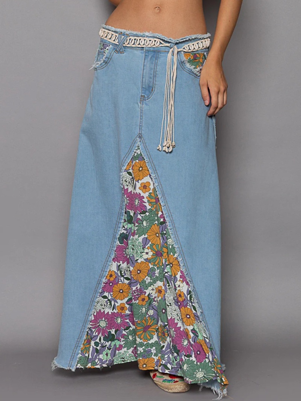 POL Light Blue Denim Maxi Skirt with Floral Panel Large